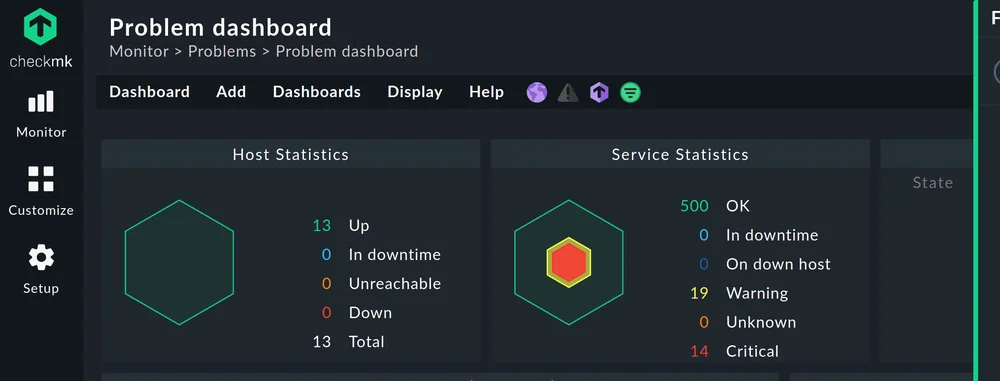 Checkmk-Dashboard mit Host- und Service-Statistiken: 13 Hosts Up, 500 Services OK, 19 Warning, 14 Critical