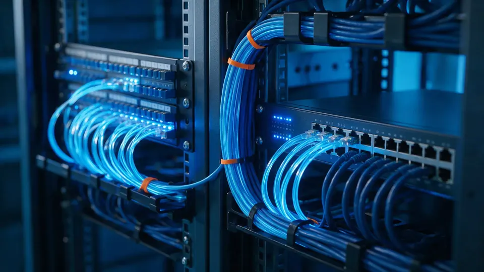 Netzwerkrack mit Patchfeld und gebündelten Netzwerkkabeln