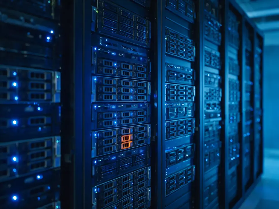 Serverrack mit laufenden Systemen in einem Rechenzentrum